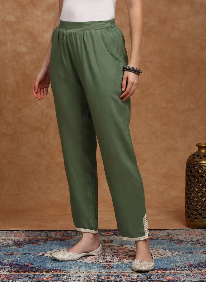 globus Women Olive Green Lace Trim Tapered Trousers